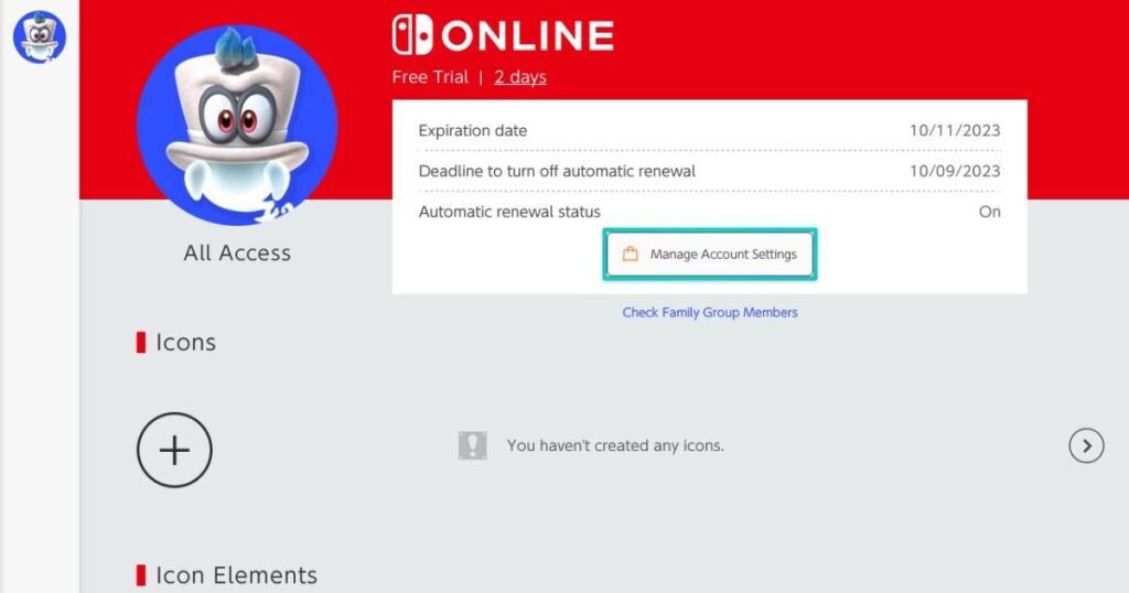 Nintendo Switch Online menu on Nintendo Switch showing various subscription details.