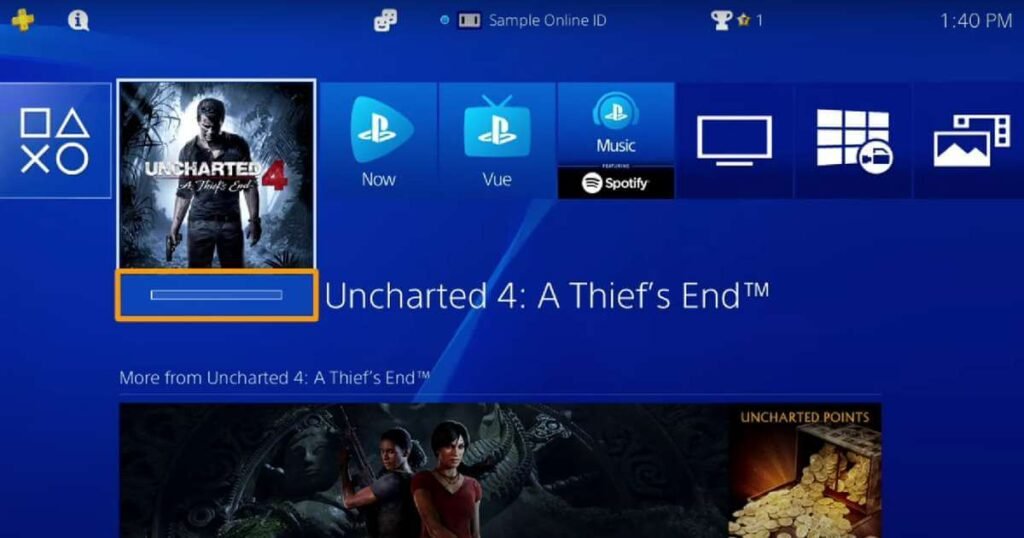 PlayStation 4 home screen showing a download progress bar for Uncharted 4.
