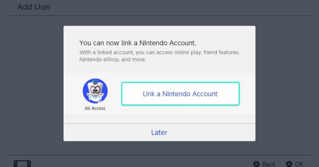 Link a Nintendo Account screen on Nintendo Switch.