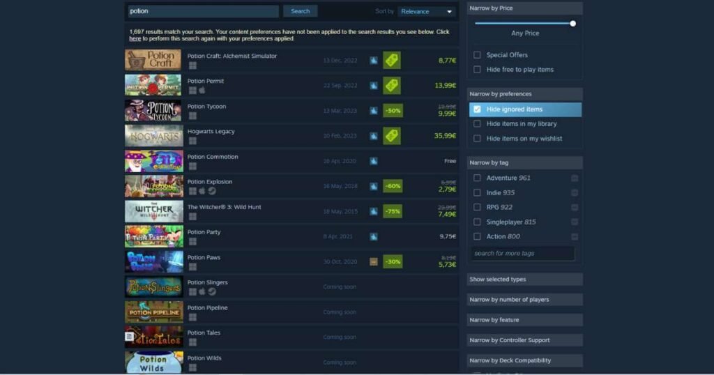 1,697 potion games are available on Steam.
