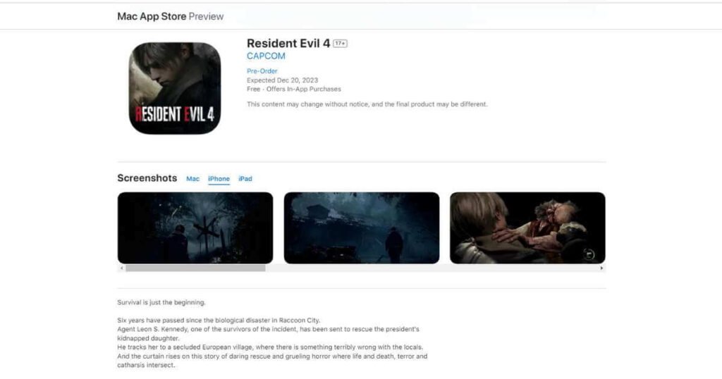 Resident Evil 4 pre-order on the iPhone App Store.