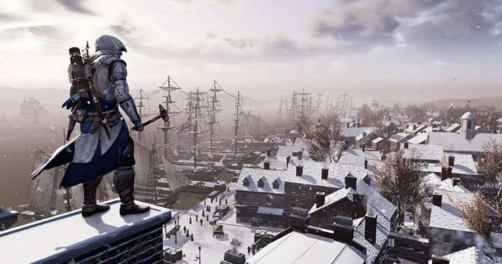 Assassin's Creed 3 main character, Connor, overlooking a snowy city