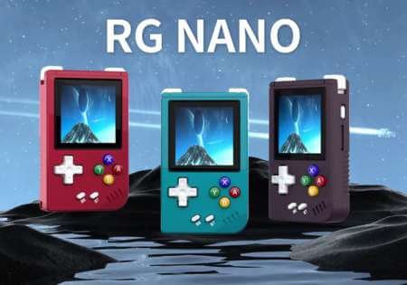 RG Nano mini handheld console shown in three colors