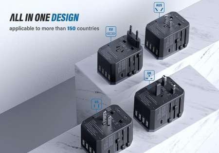 All-in-one travel adapter with EU, AUS, UK, and US plug types 