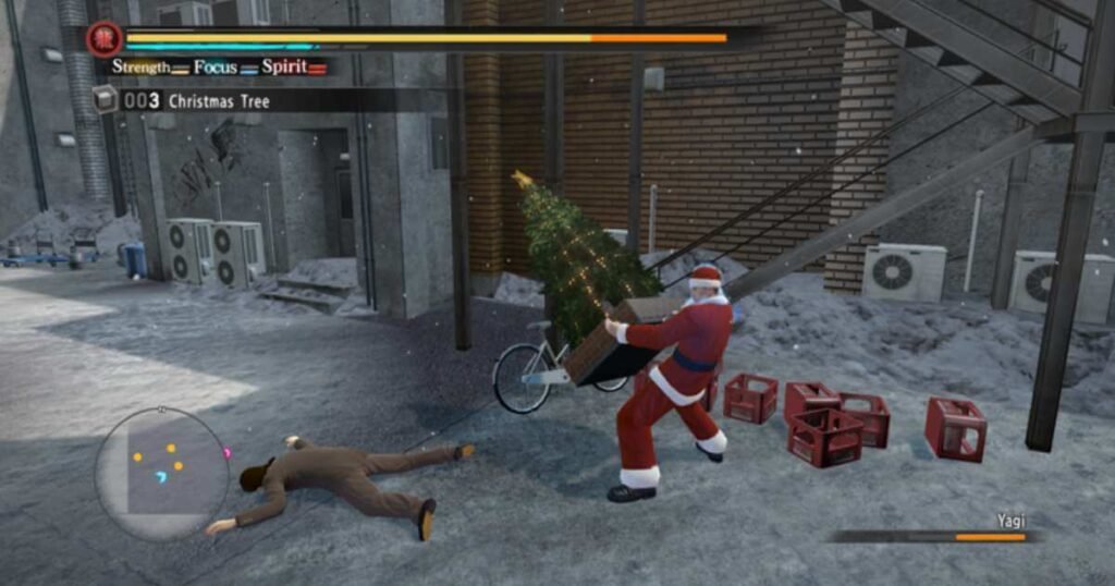 Saejima dressed as Santa fighting thugs in Yakuza 5