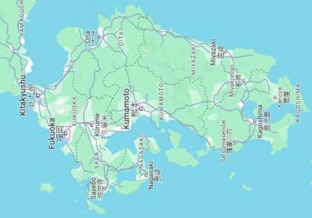 Map of Kyushu rotated 90 degrees to show similarities to the Hoenn region.